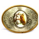 Oval nickel silver belt buckle w/ horses