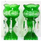 Pair green bohemian mantle lustres w/ glass prisms