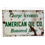 Vtg porcelain dbl side 24x15 American Oil Co sign