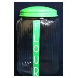 Glass flour jar w/ green metal lid