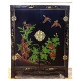 Black Asian 2 door cabinet w/ birds & flowers