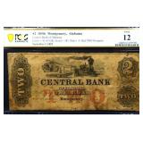 Graded 12 1850s Central Bank of AL $2 note
