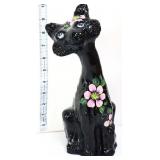 Fenton 11in black happy cat figure w/ pink flowers
