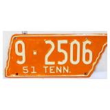 1951 state shape Tennessee license plate
