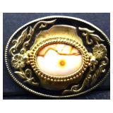 Oval belt buckle w/ agate stone inlay center