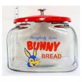 Square glass Bunny Bread jar w/ red metal lid