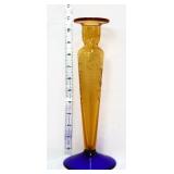 Pairpoint amber/cobalt 10in engraved candleholder