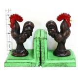 Pair cast iron rooster bookends