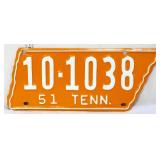1951 state shape Tennessee license plate