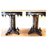 Pair round black/gold ornate tables see pics