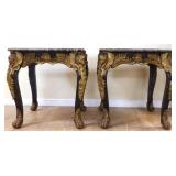Pair ornate square marble top lamp tables