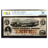Graded 1850s Adrian Insurance Company MI $3 note