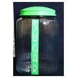 Glass sugar jar w/ green metal lid