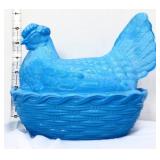 Vintage blue milk glass hen on nest