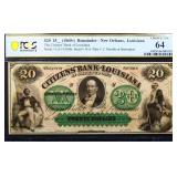 Graded 1860s Citizens Bank of LA $20 note