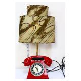MCM red telephone lamp clock w 2 tier shade