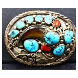 Sterling silver belt buckle w/ turquoise stones