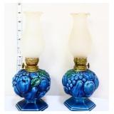 Pair vntg mini oil lamps w/ blue bases