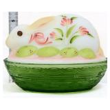 Fenton hand painted bunny on green basket