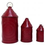 Lot of 3 red metal punched tin lanterns
