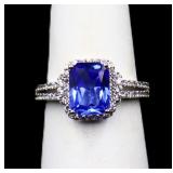 Emerald cut tanzanite ring, lab created