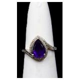 Sterling pear cut amethyst ring, lab created