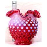 Fenton cranberry opalescent hobnail 5in vase