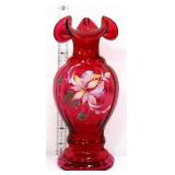 Fenton 9in cranberry vase w/ flowers