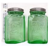 Pair square green glass salt/pepper shakers