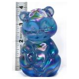 Fenton blue iridescent teddy bear w/ flowers