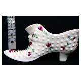 Fenton milk glass hobnail shoe w/ purple flowers