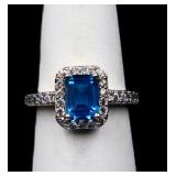 Emerald cut blue topaz ring, lab created