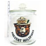 Round glass Smokey Bear canister w/ glass lid