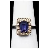 Sterling emerald cut sapphire ring, lab created