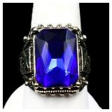 Emerald cut sapphire ring, lab created