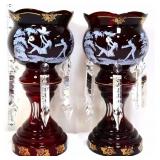 Pair red mantle lustres with glass prisms