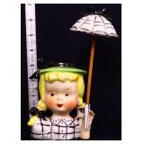 Vntg 3in lady head vase holding umbrella