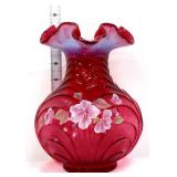 Fenton 8in cranberry opalescent drape vase