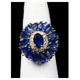 Blue/white sapphire flower ring, lab created