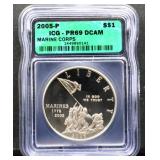 Graded PR69 DCAM 2005P USMC $1 coin