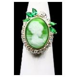 Sterling green oval cameo ring, lab created