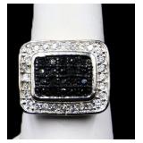 Sterling black/white sapphire ring, lab created
