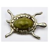 Sterling silver turtle pin, man made gemstone