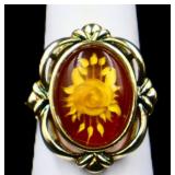 Sterling oval amber flower ring, lab created