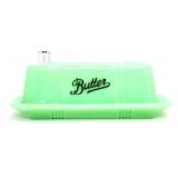 Jadeite butter dish, black writing