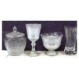 4 piece clear glass estate lot, inc cookie jar