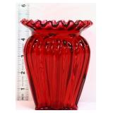 Fenton 5in cranberry ribbed crimp rim vase