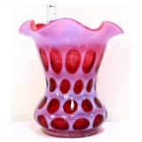 Fenton 6in cranberry coin dot flared vase