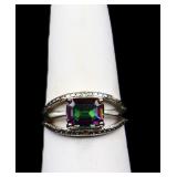 Sterling emerald cut rainbow topaz ring lab grown