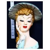 Vintage Napco 6in lady head vase w/ stripe hat